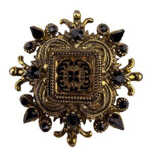 Gold Tone Women’s Vintage Style Brooch With Black Accent Stones Ornate Intricate